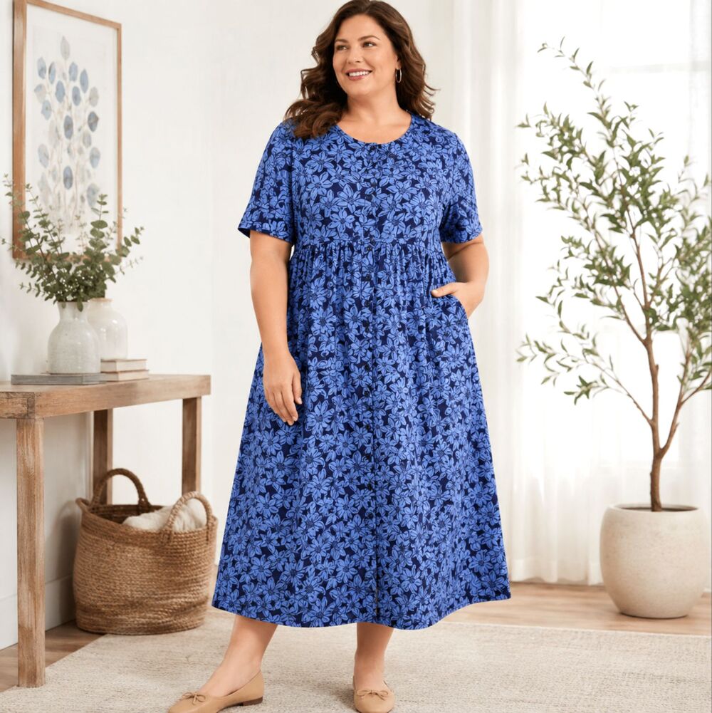 Woman Within Floral Pocket Dress M 14 16 Blue Midi Knit Dress Button Empire EUC